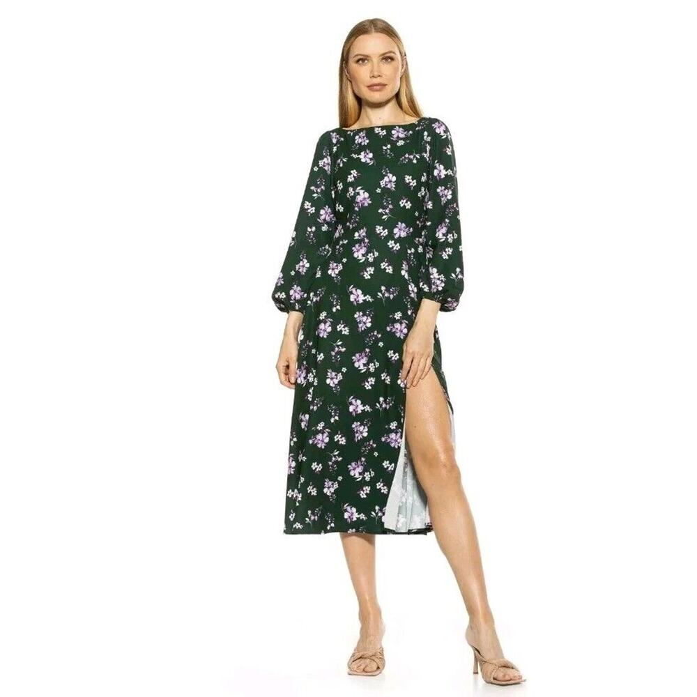 Alexia Admor Bubble Midi Dress Floral High Split Green Size 6 Long Sleeve 3476 - Picture 1 of 13